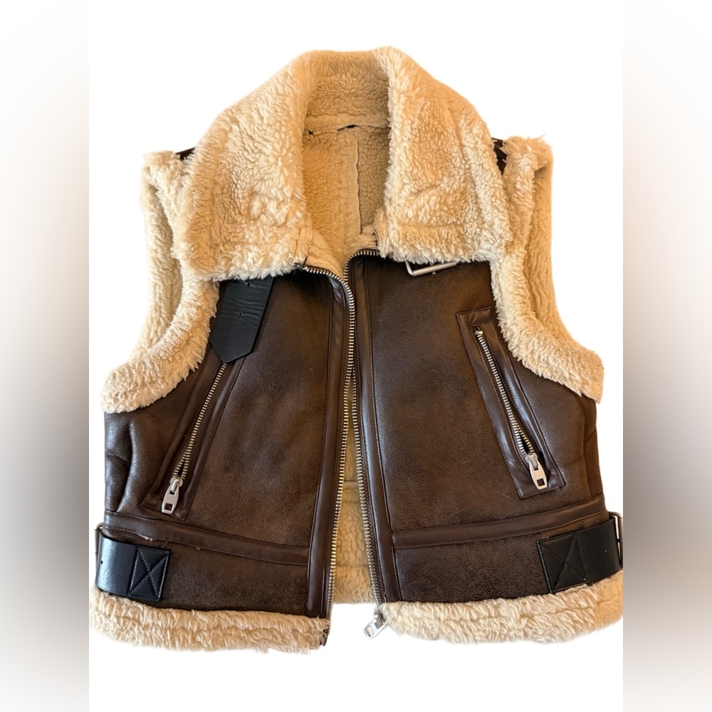 XS Cropped Brown Shearling Lined Vest, Cute Black Buckle Detail